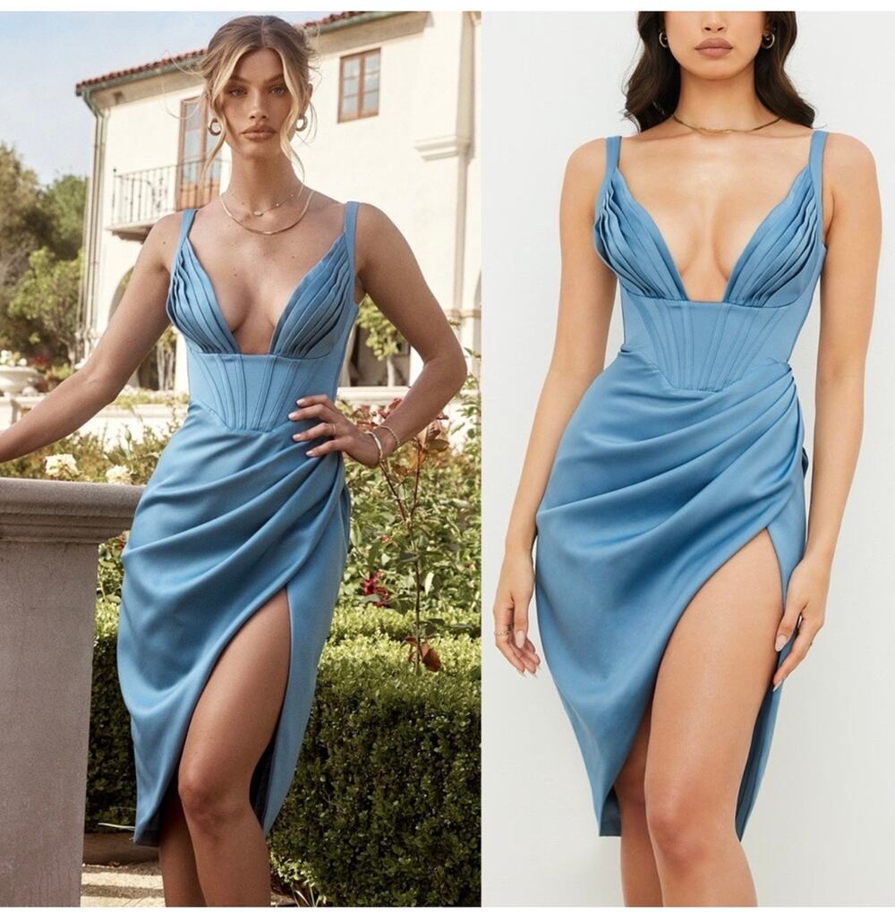 Stunning House of CB Faye Blue Satin Corset Midi Dress - XS (New) - Picture 1 of 8